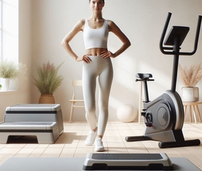 Фотография женщины, стоящей перед тремя видами домашнего кардио-инвентаря: коврик, степ-платформа и компактный велотренажёр.