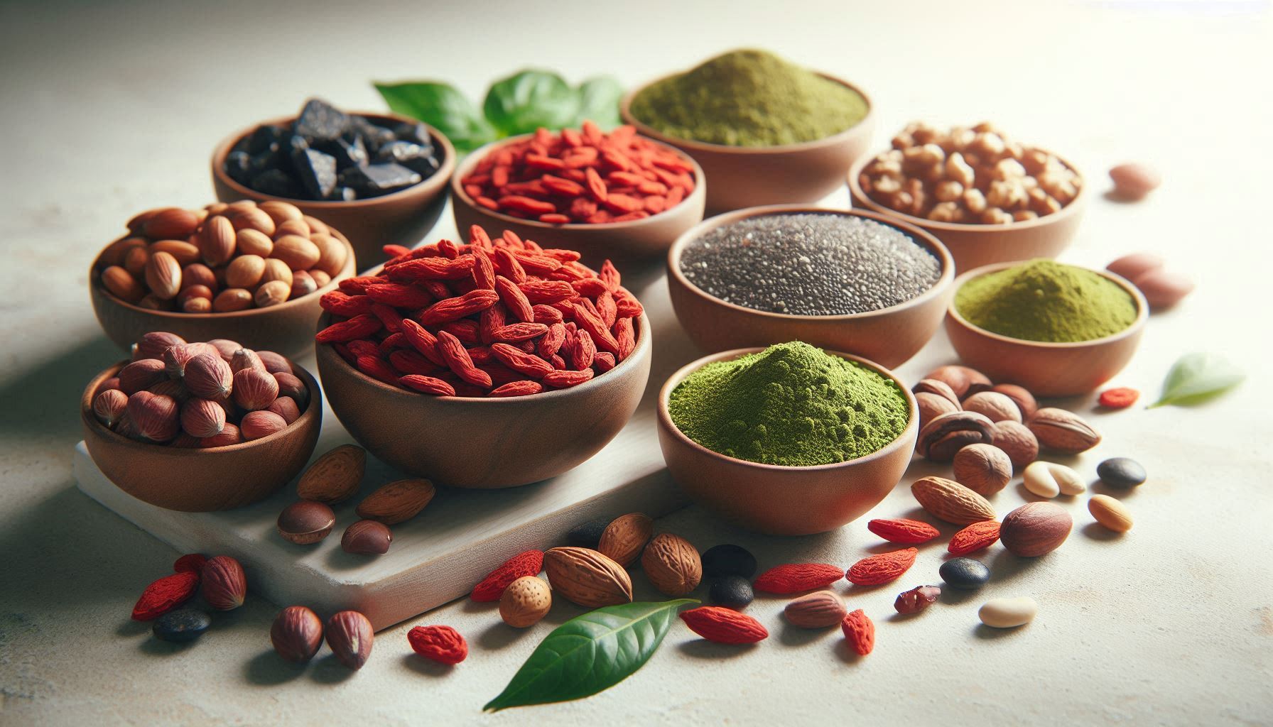 Фотография набора суперфудов для энергии. На светлом столе аккуратно разложены: ягоды годжи, семена чиа, какао-бобы, орехи, матча-порошок.