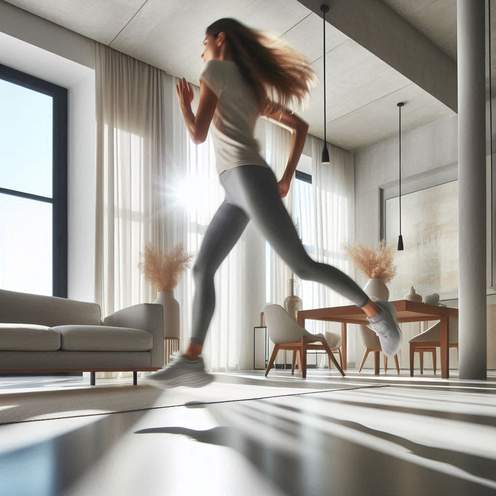 Динамичная фотография женщины, бегущей на месте в современной гостиной.