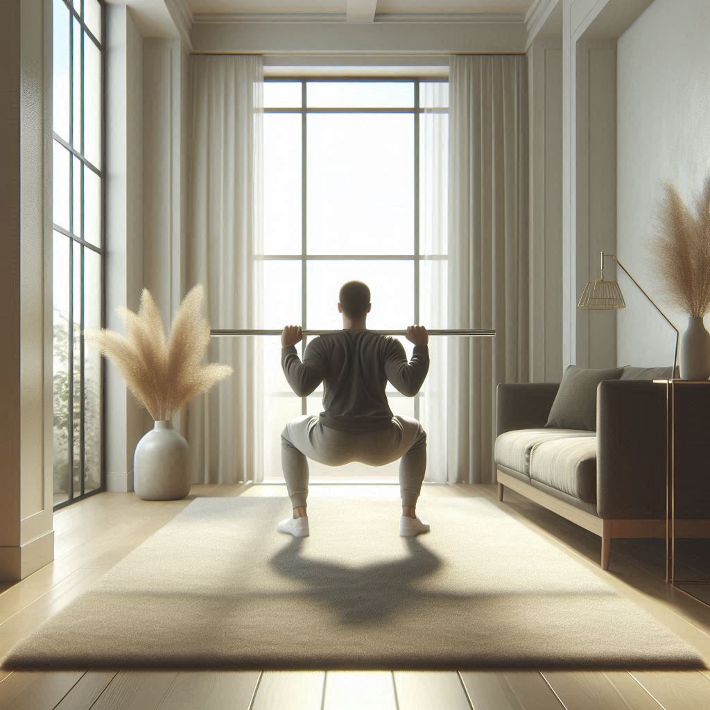 Реалистичная фотография человека, выполняющего силовые упражнения дома без оборудования.