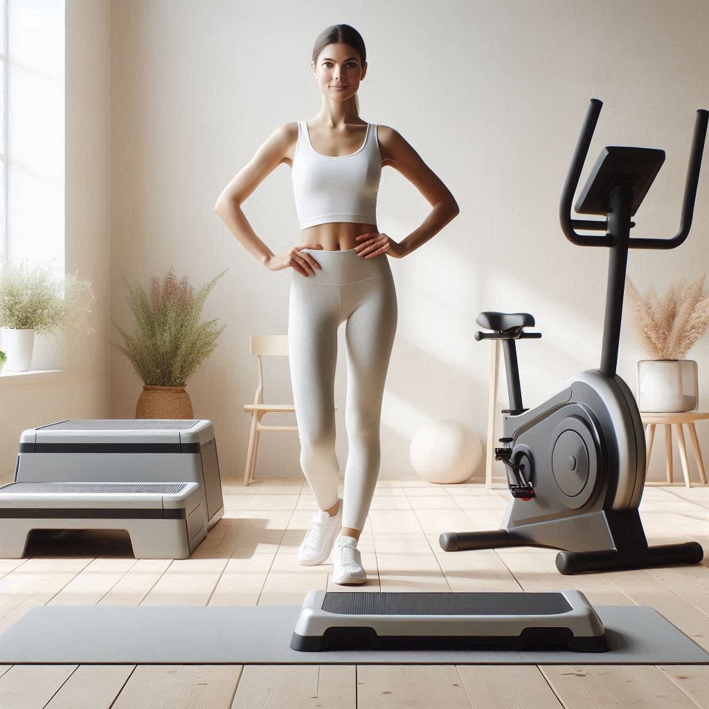 Фотография женщины, стоящей перед тремя видами домашнего кардио-инвентаря: коврик, степ-платформа и компактный велотренажёр.